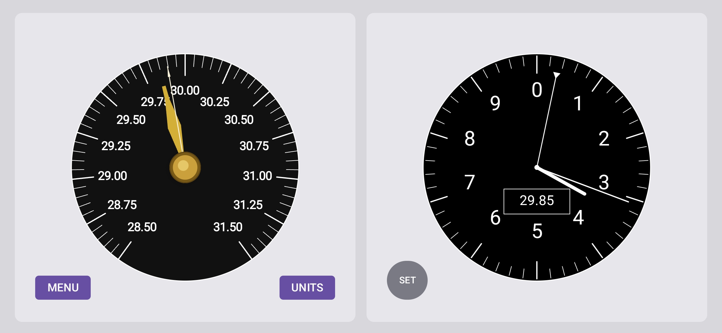 Marine Barometer landscape screen showing larger dials and control buttons