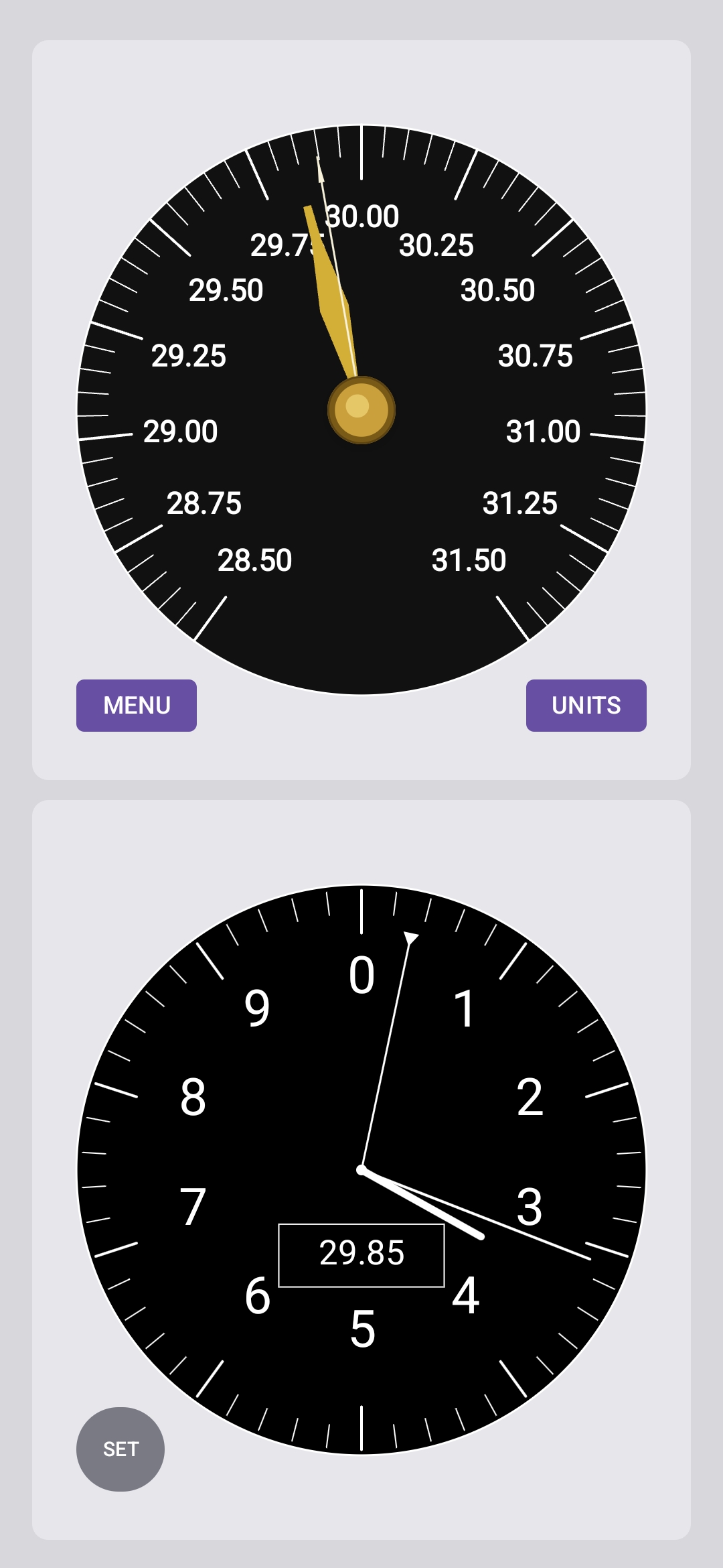 Marine Barometer portrait screen with barometer and altimeter dials