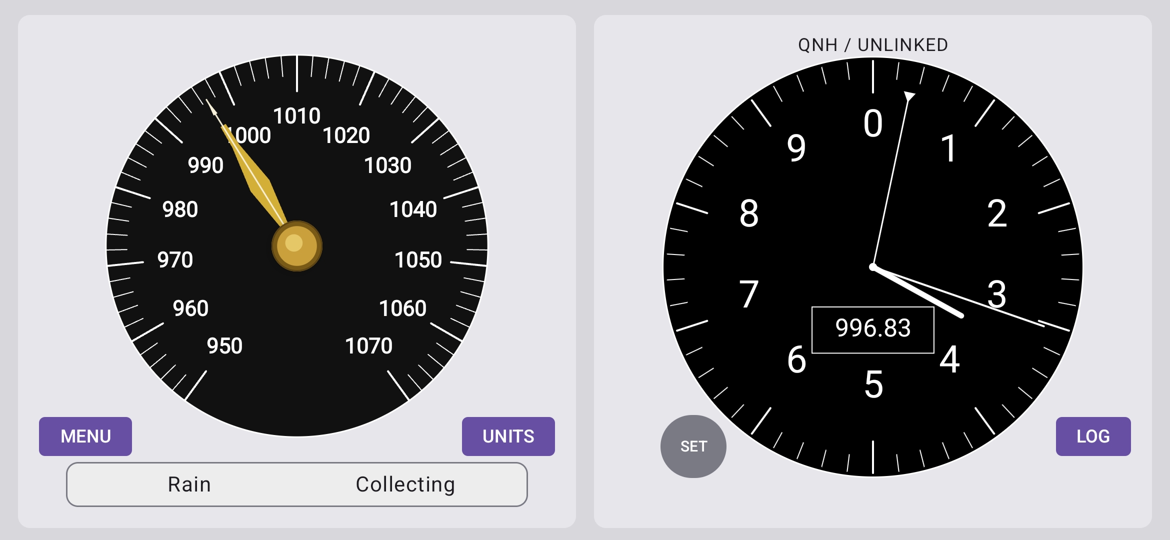 Marine Barometer landscape screen showing larger dials and control buttons