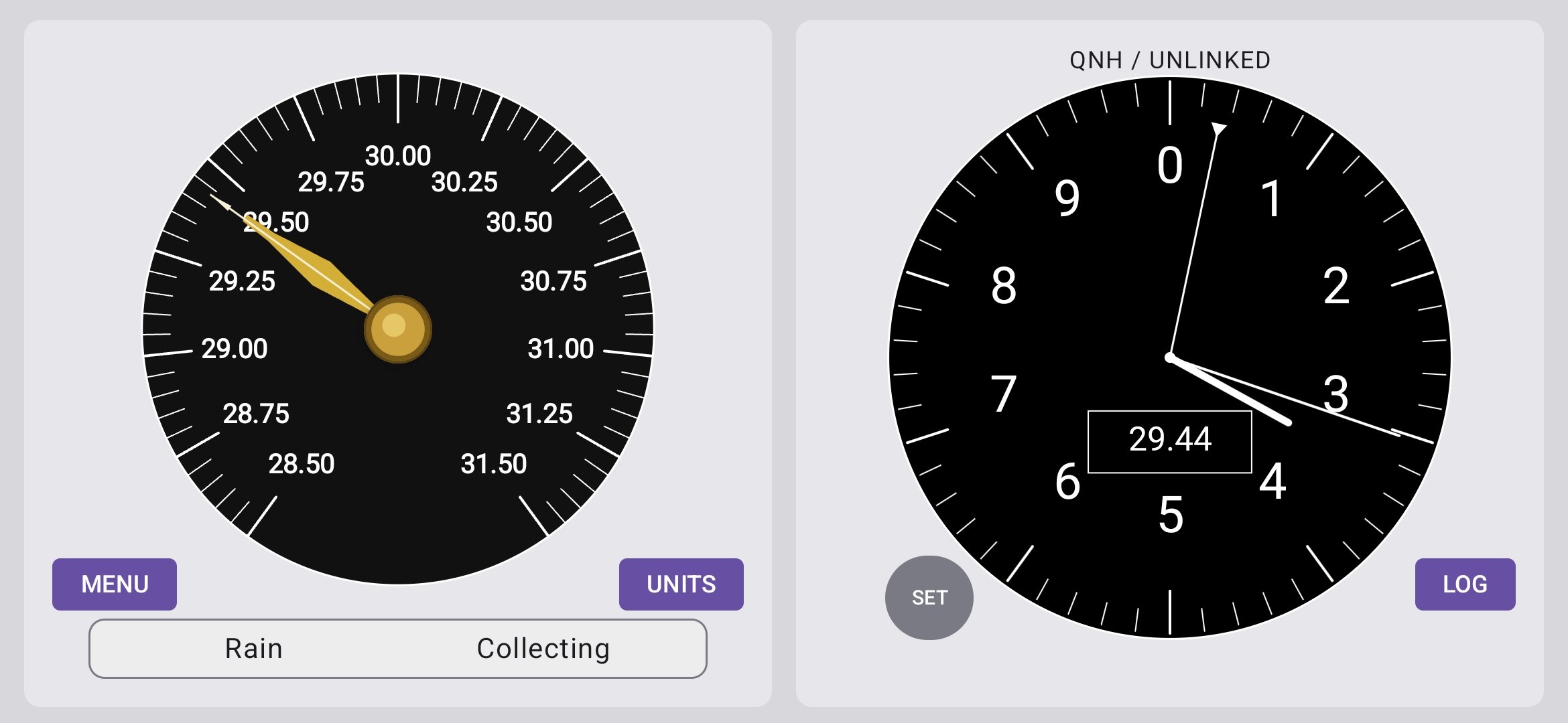 Marine Barometer landscape screen with barometer and altimeter dials