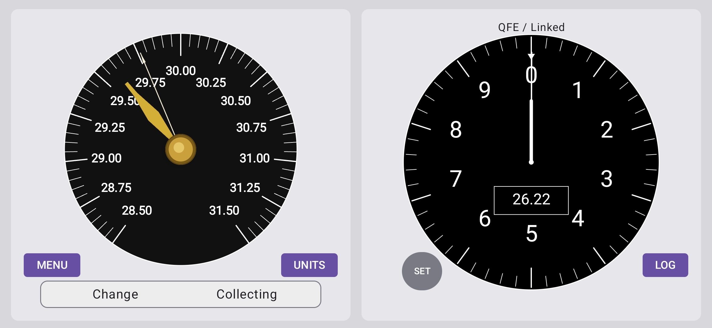 Marine Barometer landscape screen with barometer and altimeter dials